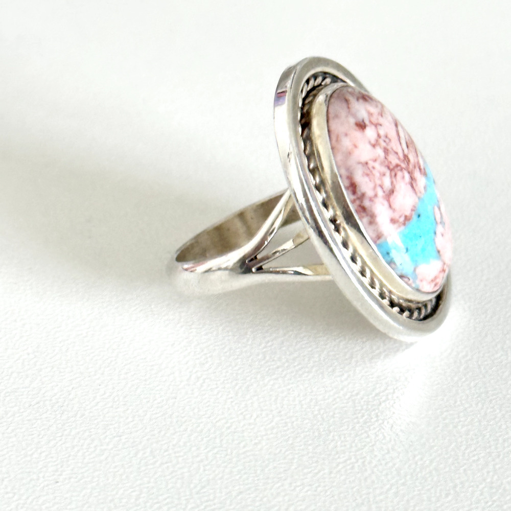 Vintage 925 Sterling Silver Running Bear Large Pink Blue Turquoise Ring Size 7 - Picture 8 of 14